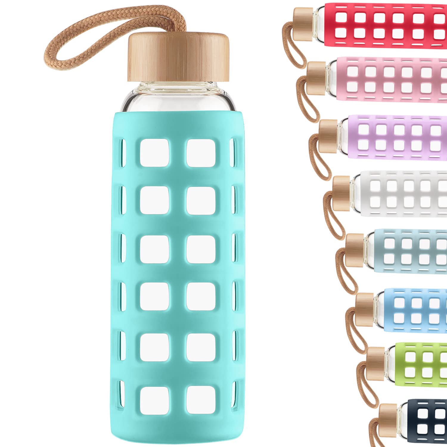 Cleesmil Sports Glass Water Bottle with Silicone Sleeve with Bamboo Lid BPA Free 660 ml (Aqua Blue) — image 1