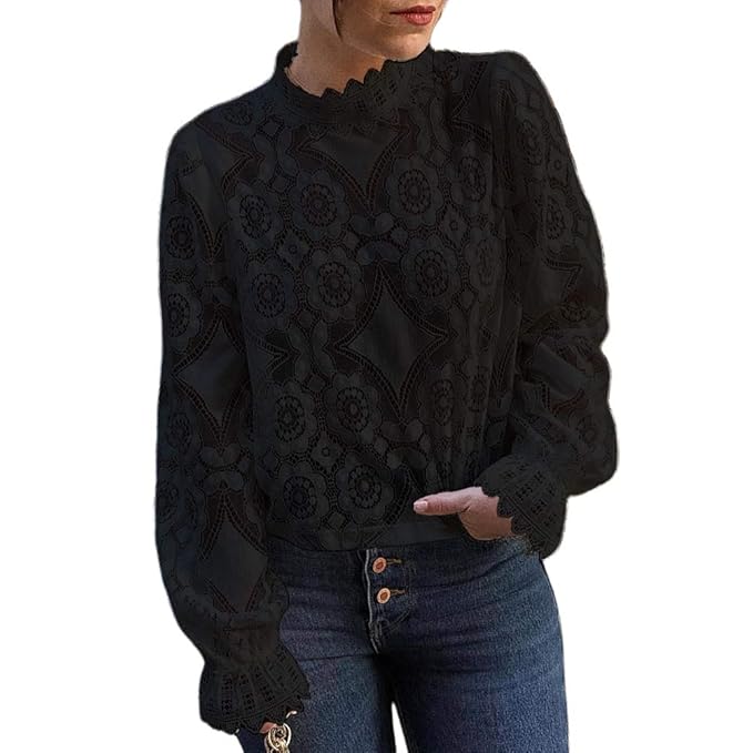 Steampunk Costumes, Outfits for Women GUYUEQIQIN Womens Long Sleeve Lace Tops Casual Hollow Out Stand Collar Shirt Tees $19.99 AT vintagedancer.com