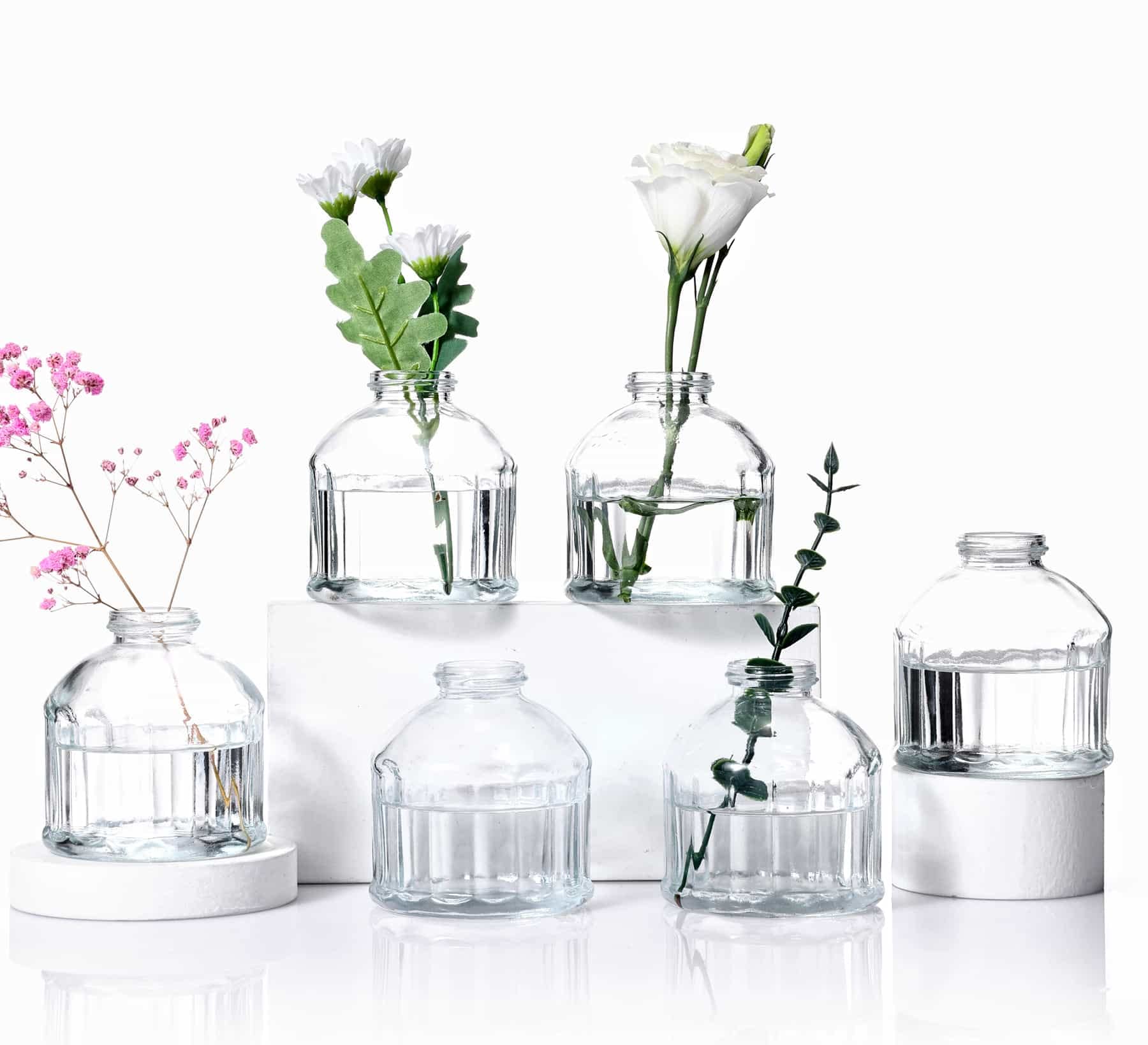 Eidoct Glass Bud Vases Set of 6, Small Bottles for Floral Arrangements, Rustic Decorative Vases for Centerpiece Home Living Room Office Decoration or Wedding Event (Clear)