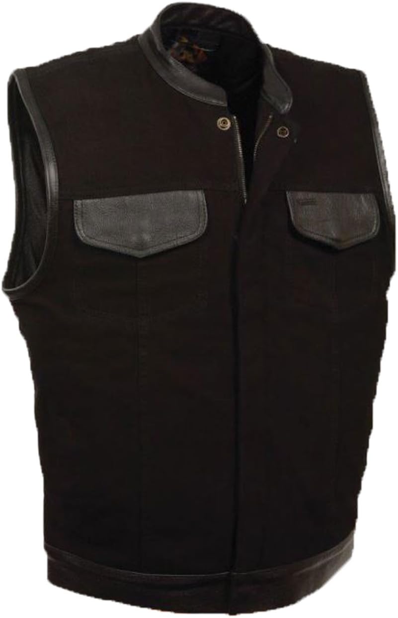 Black Denim Biker Vest with Leather Trim Plain Sides (Large)