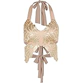 JUMISEE Women Sparkly Rhinestone Butterfly Crop Top Sexy Satin V Neck Bakless Lace Up Cami Tank Top for Rave Festival