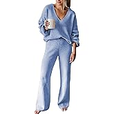 Viottiset Women's 2 Piece Outfits Sweater Set V Neck Knit Pullover Top Wide Leg Pants Sweatsuit Blue Small