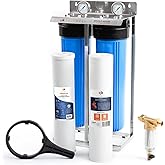 2-Stage Water Filter System 20x4.5 inch Comes with Sediment & Carbon Filters | Prefilter, Wrench, Gauge & Release, Freestanding Steel Frame Included