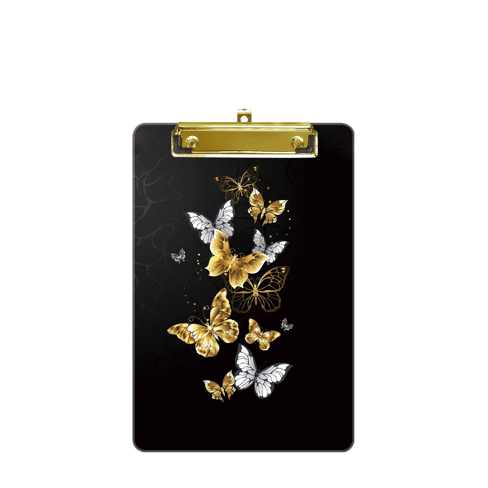 Hnogri Small Plastic Clipboard, Fashion Design A5 Size Memo Clipboards for Students, Kid, Women, Office, School, Low Profile Clip, Cute Custom Pattern, Mini Clipboard Size 6" x 9", Golden Butterfly