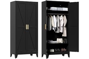 Washsemba 71'' Farmhouse Metal Wardrobe Cabinet with Hanging Rod, 2 Barn Door Wardrobe Closet with 2 Adjustable Shelves,for Dining Room,Bedroom,Living Room, Cloak Room,Office (Black)