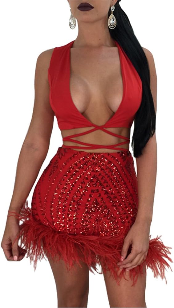 2 Piece Skirt Set for Women Clubwear Sexy Sleeveless V Neck Crop Top Feather Sequin Bodycon Mini Dress Outfits