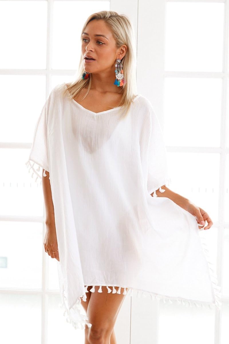 boldgal girl's one piece swimwear tassel cover-up (white)