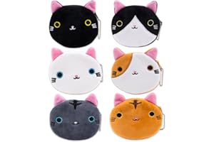 ZORZA 6Pcs Kawaii Cat Face Coin Purse with Zipper Cute Plush Coin Purse Cartoon Style Small Change Purse for Coins Earbuds and Cables Storage Creative Animal Coin Wallet