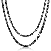 FOSIR 2Pcs Black Flat Link Box Chain Necklace for Men, Stainless Steel Layered Chains for Men and Women, Hypoallergenic Stackable Mens Necklaces, 3mm/4mm/5mm/6mm Width