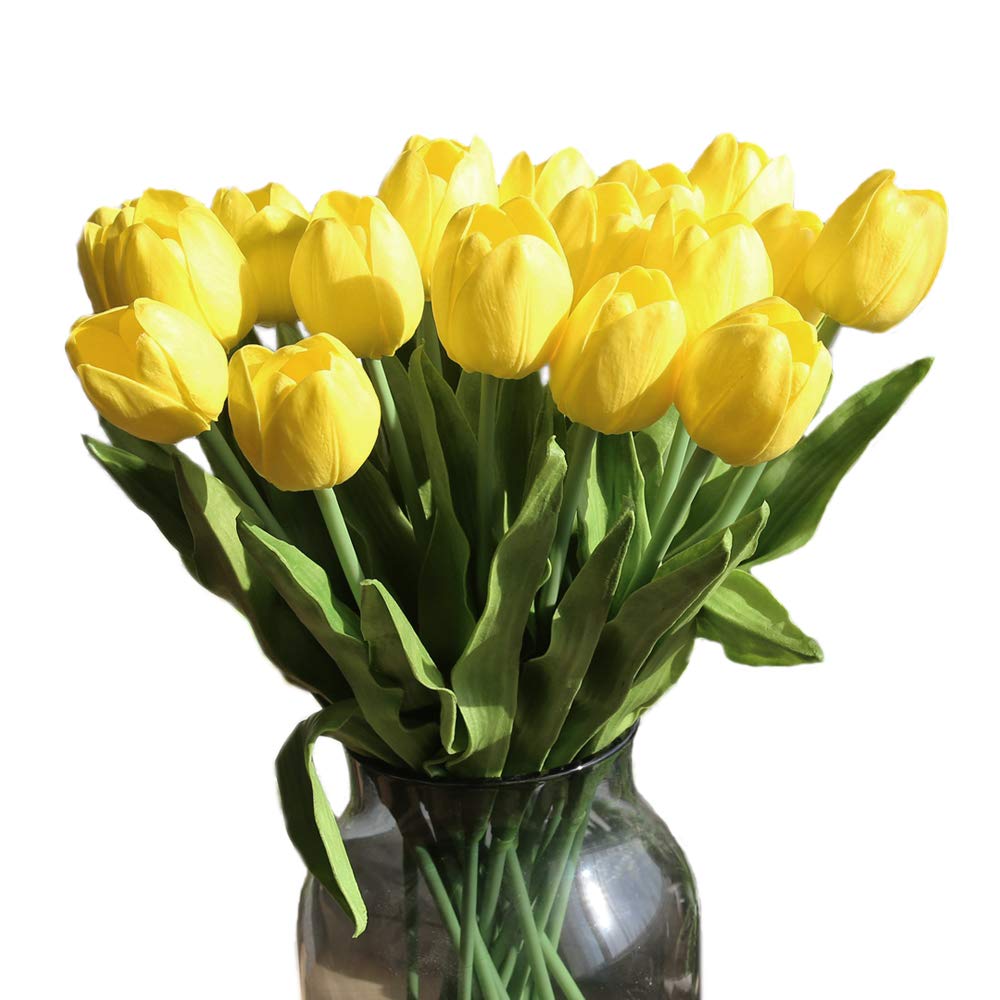 Cn Knight 12pcs Artificial Tulip 20 Inch Long Stem Artificial Flower Real Touch Tulipa For Diy Wedding Bridal Bouquet Home Decor Centerpieces Flower Yellow Silk Flower Arrangements