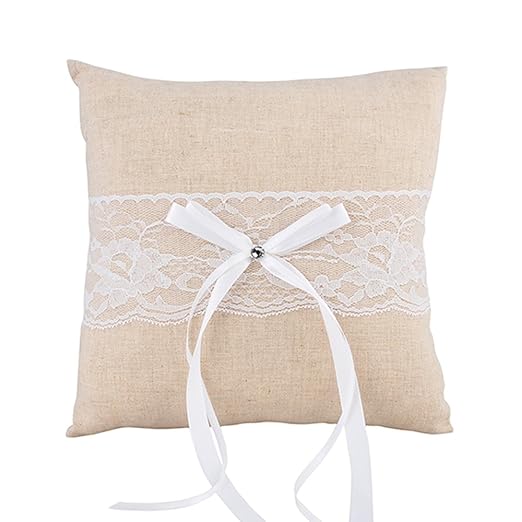 Vintage Ringkissen Beige für die Hochzeit, Kissen mit weißer Spitze und Schleife für die Trauringe, quadratisch, 20 x 20 cm