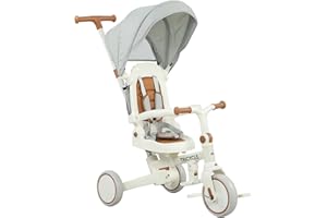 Qaba Toddler Tricycle, 7 in 1 Kids Trike with Adjustable & Removable Parent Handle, Canopy, Safety Harness, Folding Pedal, St
