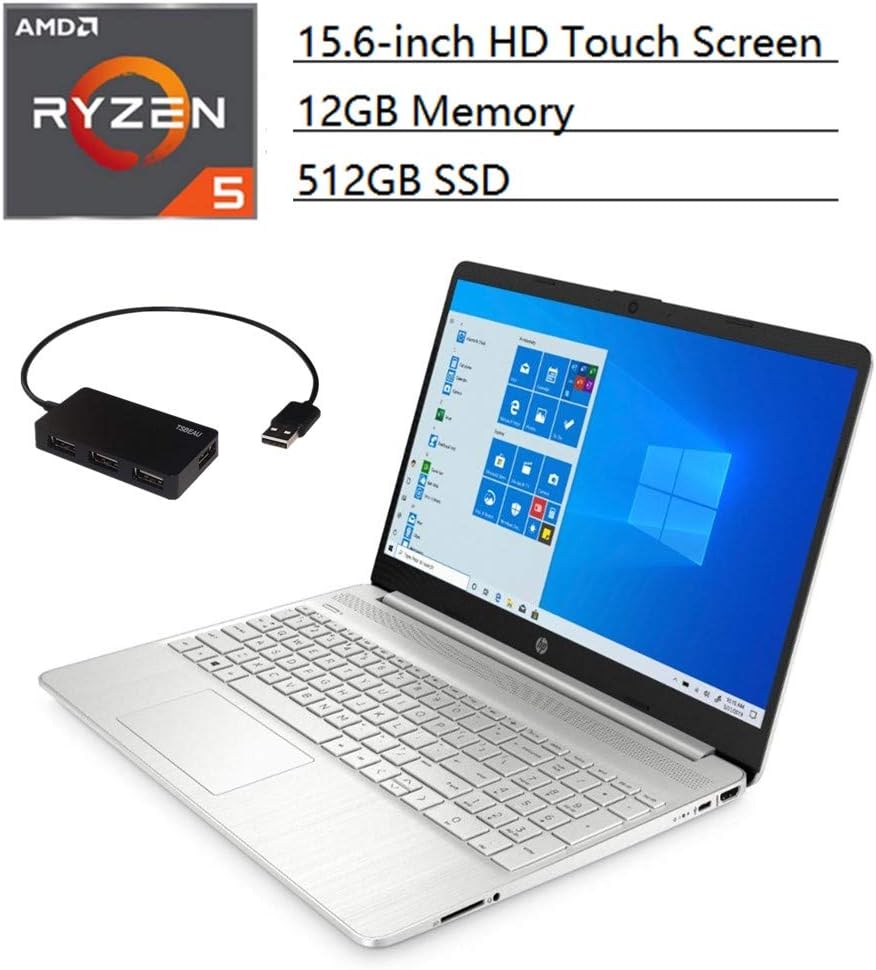 HP 15 Laptop, 15.6-inch HD Touch Screen, AMD Ryzen 5 3500U, 12GB Memory, 512GB SSD, Webcam, Bluetooth, Windows 10 Home in S Mode, Natural Silver, Bundle with TSBEAU 4 Port USB 2.0 Hub