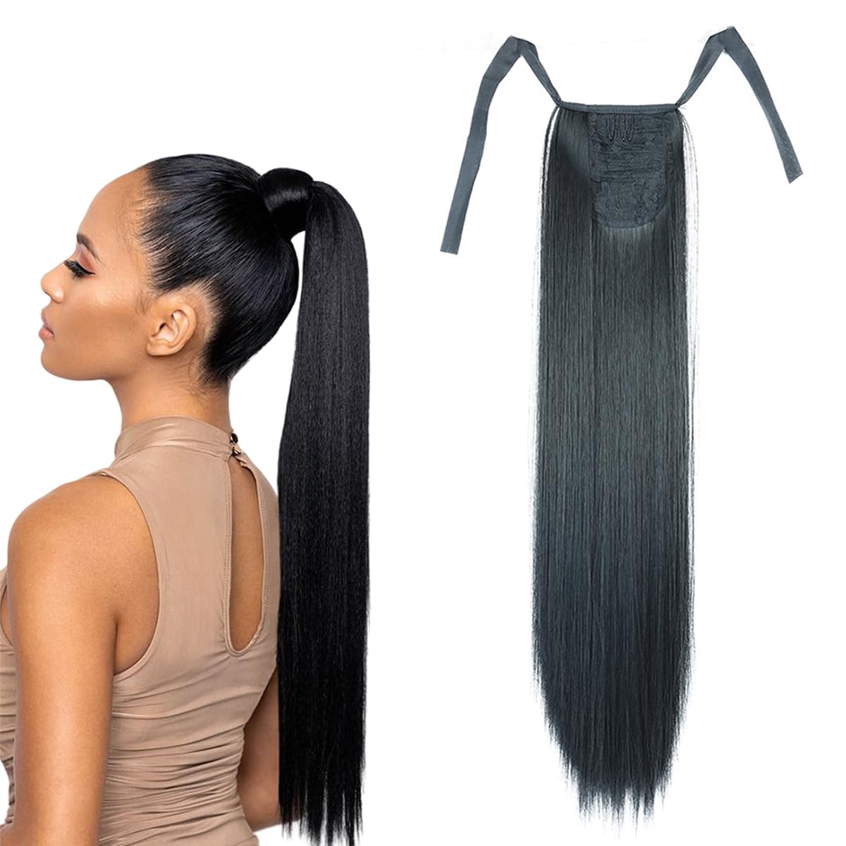 prinfantasy Halo Hair Extension Straight Long Wrap Around Ponytail Synthetic Hair Piece Tie Pre Stretched Hairpiece for Women Girls Black Wig 22In,GBMW032