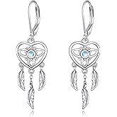 AXOMY Dreamcatcher Earrings 925 Sterling Silver Moonstone Dream Catcher Dangle and Drop Earrings Dream Catcher Jewelry Gift for Women Dream Catcher Lovers
