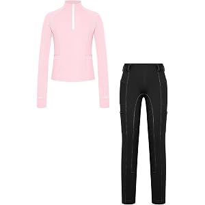 Linjinx Girls Equestrian Shirt and Breeches Workout Half Zip Pullover Horse Riding Leggings for Competition