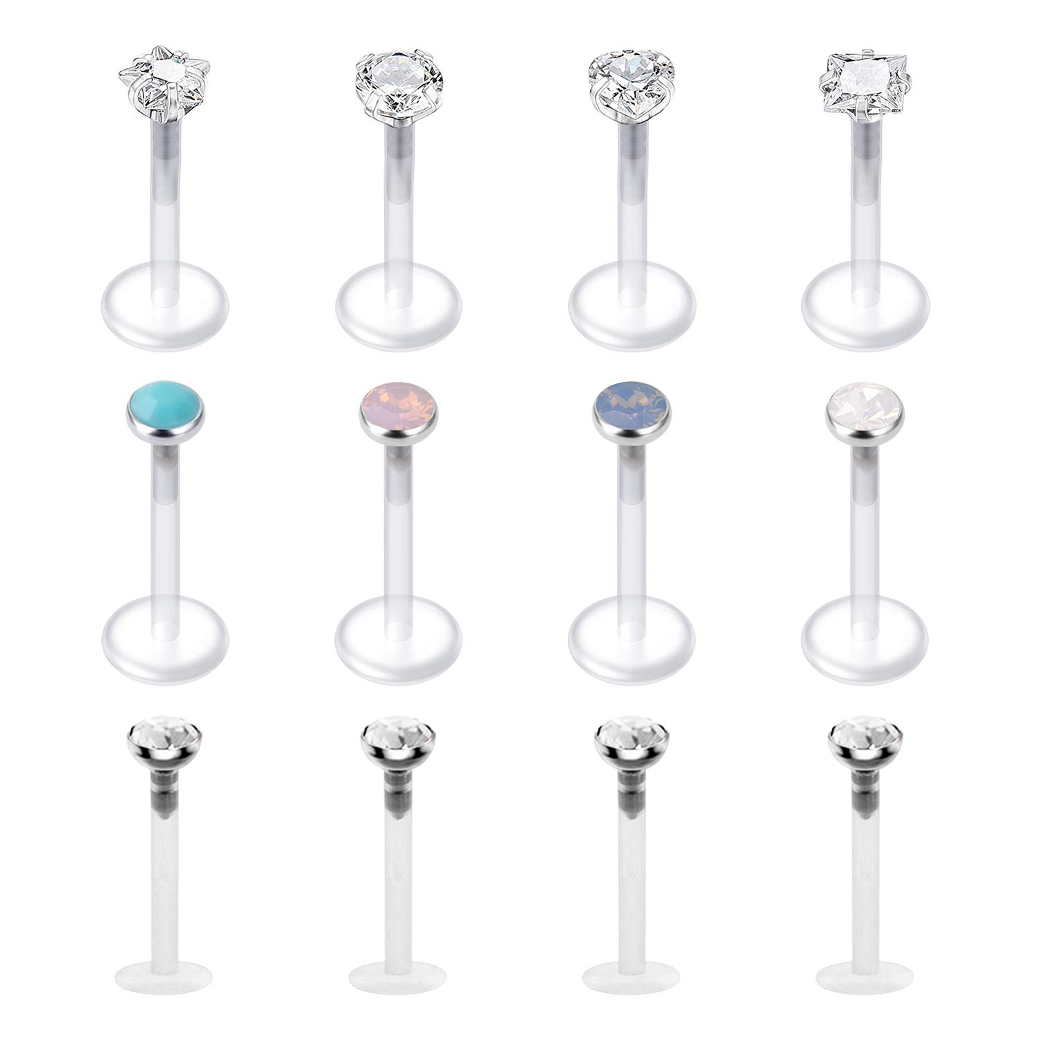 LAURITAMI 12pcs Clear Lip Labret Bars Studs Bioflex Crystal 8mm 16G Medusa Ashley Tragus Helix Piercing Jewellery