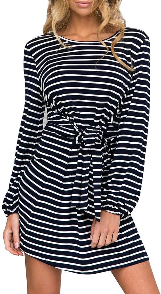 TIMEMEAN Women Casual Outdoor Home Daily Long Dress Autumn Bandage Striped Mini Dress Ladies Beach Party Dresses