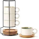 LUKA 6 Ounce Porcelain Stackable Espresso Cups with Saucers and Metal Stand Set of 4, Ceramic Cappuccino Cups Set for Specialty Coffee Drinks, Latte, Cafe Mocha and Tea, White Green Interior