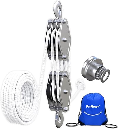 FITHOIST 1100lb Block Tackle Pulley 50ft 3/8in Rope 5:1 Lift System Hoist
