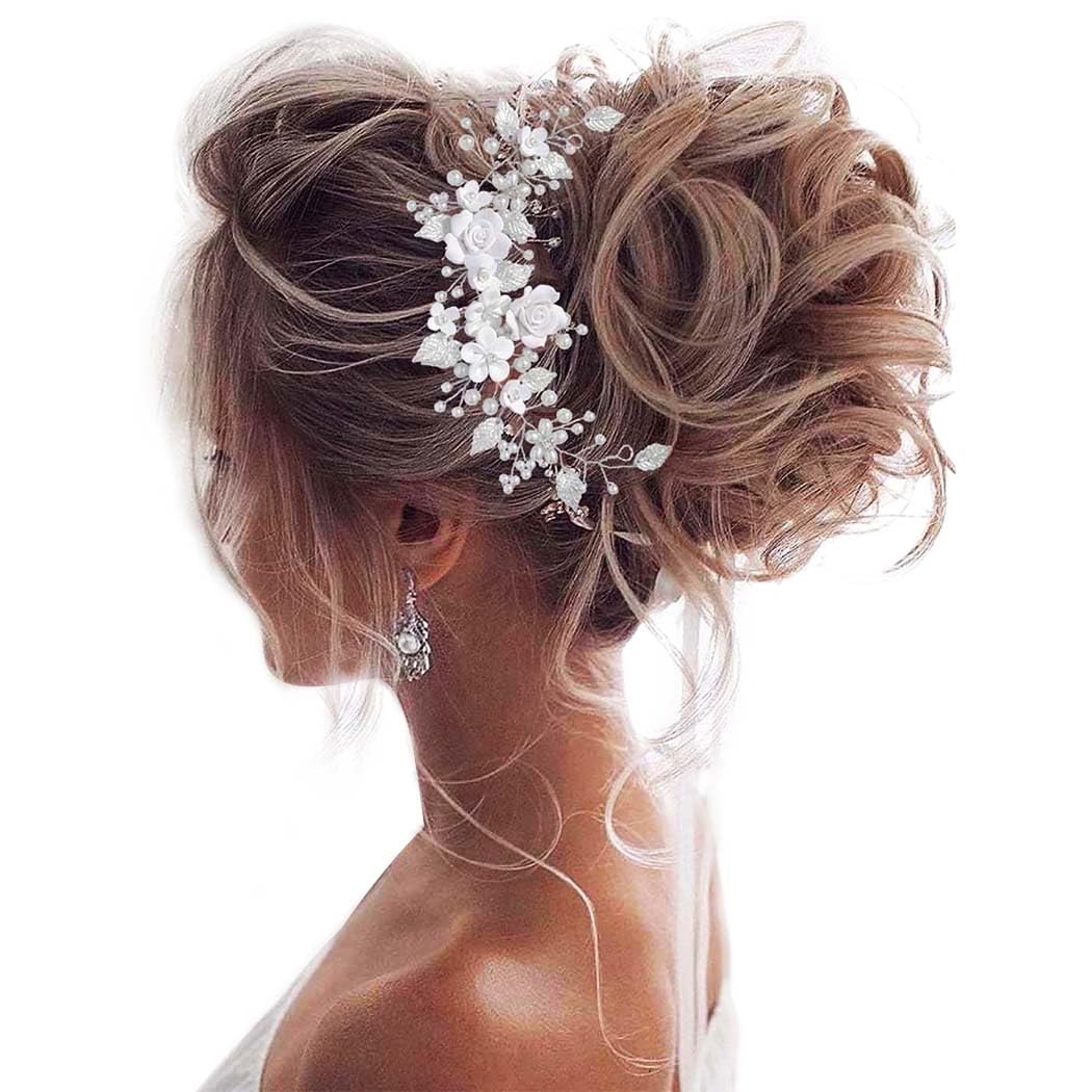 Photo 1 of Unicra Flower Bride Wedding Hair Vine Pearl Bridal Hair Piece Leaf Hair Accessories Rhinestone Headband for Women and Girls (9inches) (Silver)