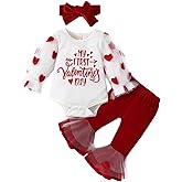 USKIDKK Baby Girl My First Valentines Day Clothes Long Sleeve Romper Flared Pants Outfit