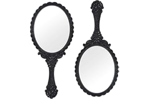 Fokmuaex 2pcs Vintage Handheld Mirror with Handle, 8 Inch Round Makeup Mirror - Portable Embossed Flower Design for Travel, H