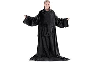 Touchat Wearable Blanket Hoodie, Oversized Blanket Sweatshirt with Hood Pocket and Sleeves, Super Soft Warm Comfy Plush (Black)