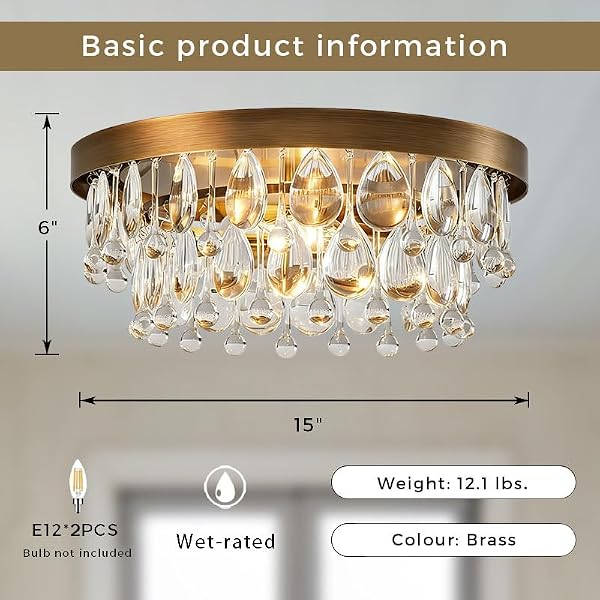 15″ ANTIQUE BRASS ROUND CRYSTAL CEILING LIGHT, LUXURY CRYSTAL RAINDROP SEMI FLUSH MOUNT CEILING LIGHT FIXTURE, MODERN MINI CHANDELIER FOR BEDROOM, HALLWAY, ENTRYWAY (BRASS)