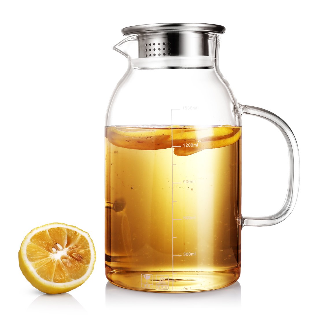 BEYONDA 62oz Glass Pitcher with Stainless Steel Lid, Ice Tea Carafe with Handle, Hot