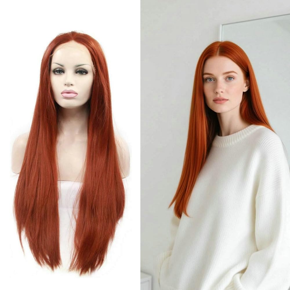 13x3" Pre Plucked Long Straight Ginger Orange Wigs for Women Natural Looking Heat Resistant Fiber Natural Auburn Synthetic Lace Front Wigs for Replacement/Party/Cosplay/Costume/Daily Use 24" — image 1