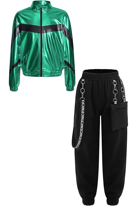 Kids Hip Hop Dance Outfit - Shiny Metallic Jacket & Pants Set