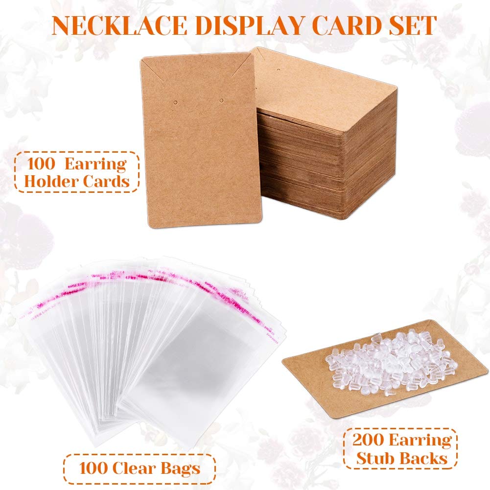 Anezus 100 Pcs Earring Display Cards with 200 Earring Backs and 100 Self-Sealing Bags for Earrings, Necklace & Jewelry Display, Kraft Color 3.5x2.4 Inches