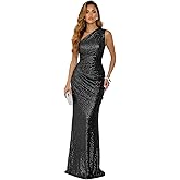 SNOWROSE One Shoulder Prom Dress for Women 2026 Sparkly Sequin Mermaid Long Ruched Ball Gown Formal Evening Party Dresses