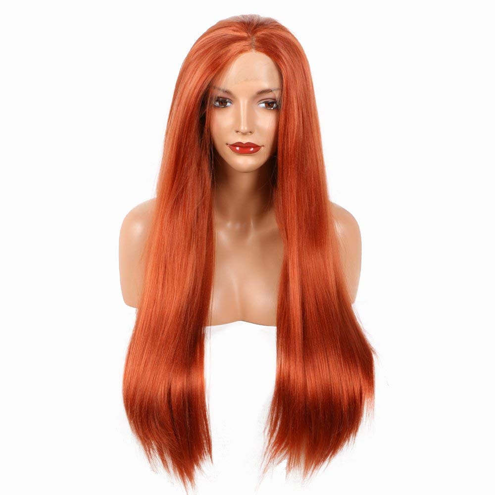 Xiweiya Brown Red Hair Color Long Yaki Straight Wigs Copper Red Synthetic Lace Front Wigs High Density Soft Hair For Women Middle Part Heat Resistant Fiber Long Hair Wig