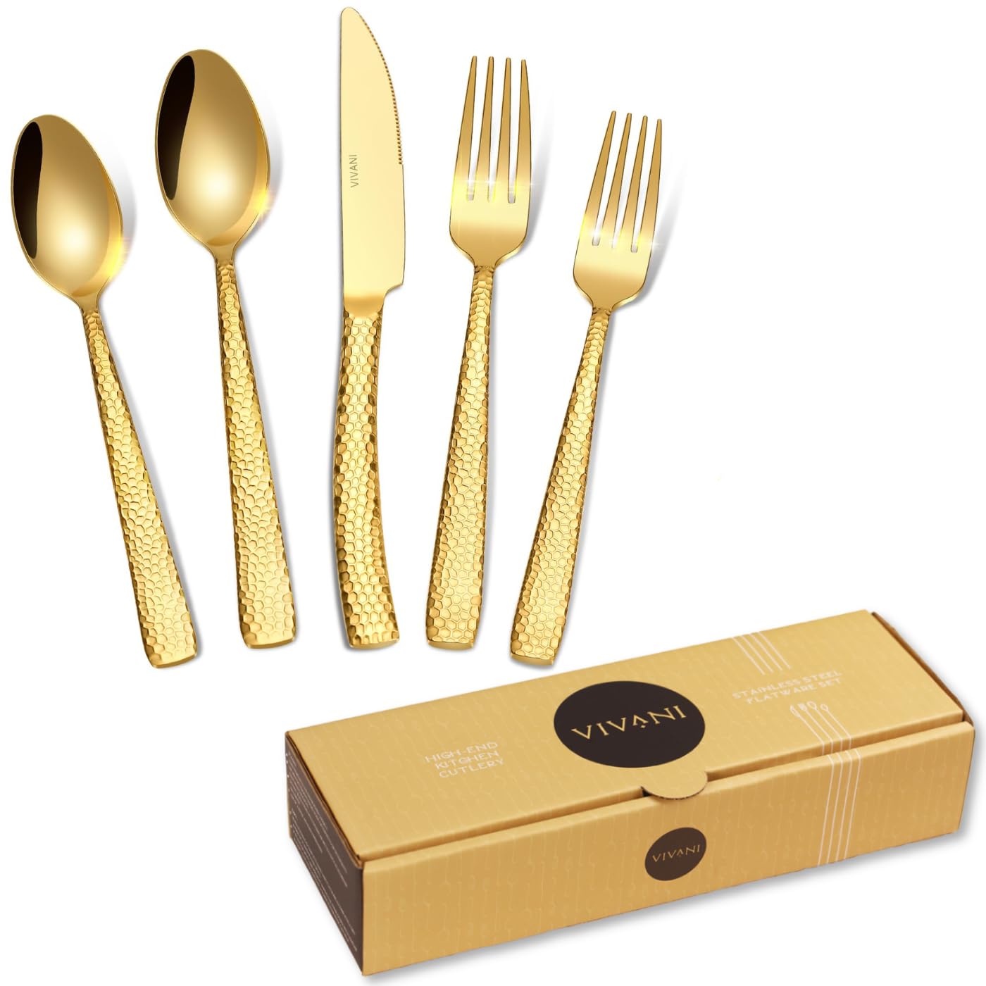 VIVANI 20-Piece Gold Silverware Set, Hammered Stainless Steel Flatware Set for 4, Heavy Cutlery Set for Home, Restaurant, Dishwasher Safe, Wedding & Housewarming Gift Idea