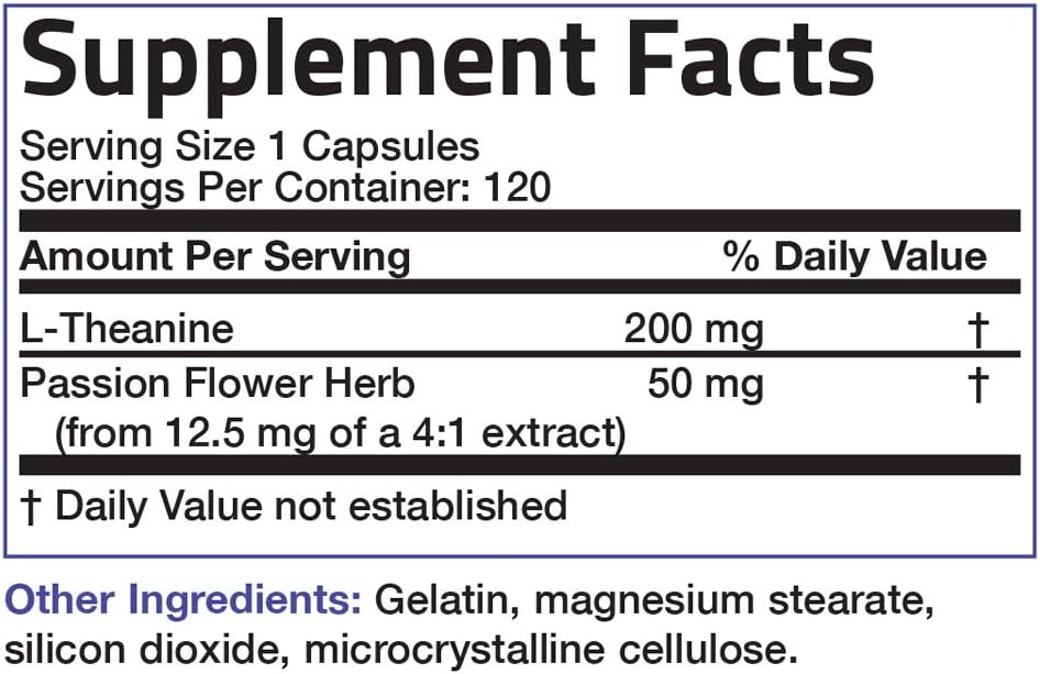 L-Theanine 200mg (Double-Strength) with Passion Flower Herb - Reducing Stress and Promoting Relaxation Without Sedation - Non GMO, 120 Capsules: Health & Personal Care