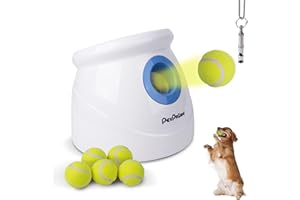 Pet Prime Automatic Ball Launcher for Large Dogs，Adjustable 10-40ft Distance,Rechargeable Dog Ball Thrower with 6 Tennis Balls(2.5") & Training Whistle,Interactive Toy for Indoor/Outdoor Play