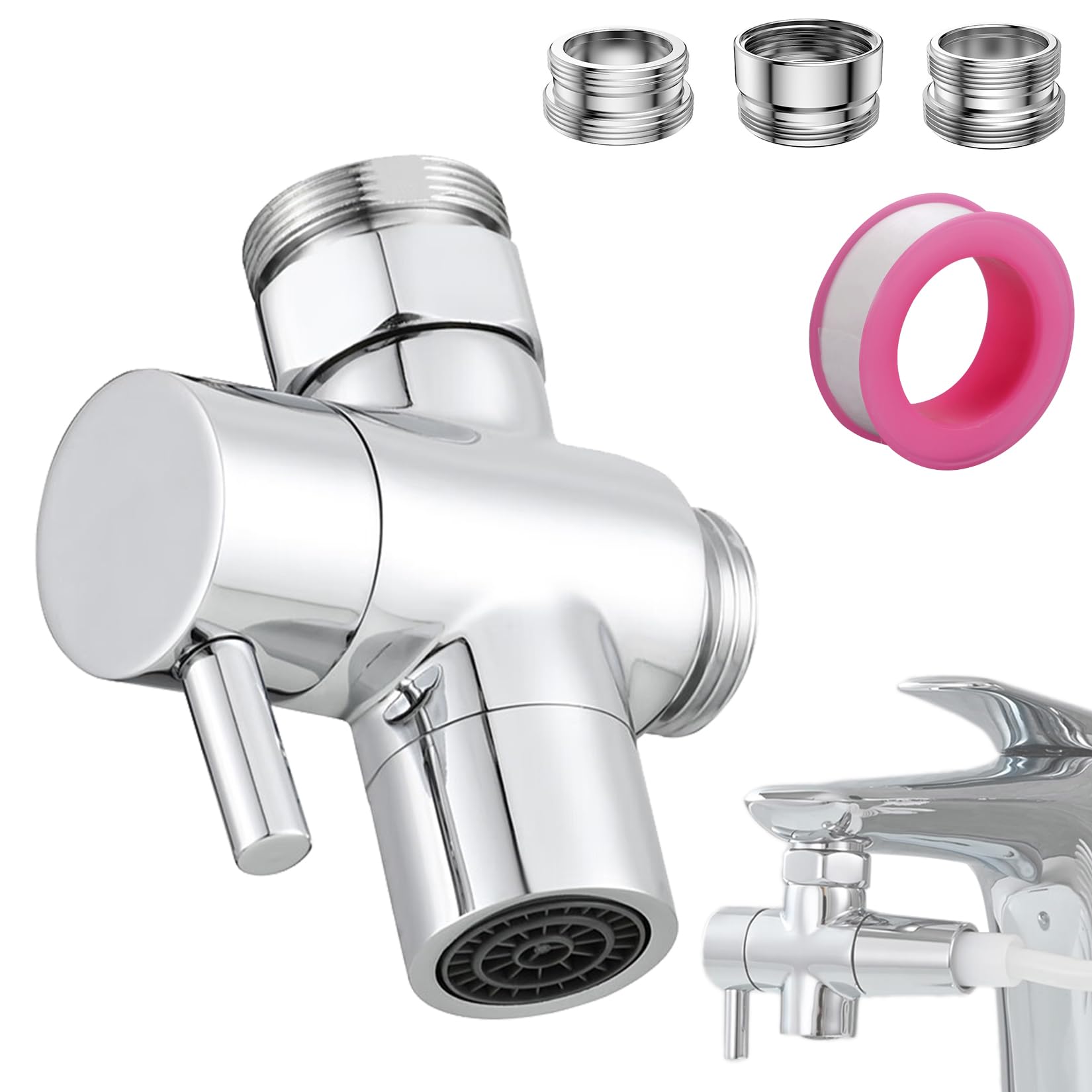 Roscid 3 Way Shower Diverter Valve, Solid Brass Shower Diverter Valve, Sink Valve Diverter Faucet Splitter for Kitchen or Bathroom, with M22-M24, M22-G1/2 Adaptor, Sliver โ image 1