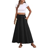 Askyes Womens Maxi Skirt Summer Tie Knot Elastic High Waisted Boho Casual Beach Flowy Swing Long Skirts with Pockets