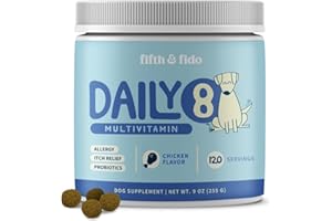 Dog Allergy Chews – Salmon Oil for Dogs Skin and Coat, Probiotics, Turkey Tail Mushroom, Quercetin, Bromelain, Hemp & Turmeric – Immune Support –120 Multivitamin Chicken Flavored Chews by Fifth & Fido
