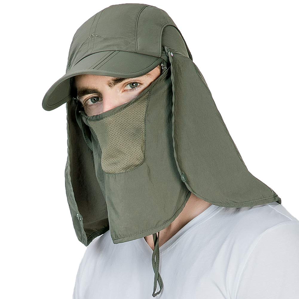 Comhats Womens Mens Outdoor Golf Baseball Cap UPF Sun Hat UV Protection Crushable Bill Removable Face Mask Neck Flap Chin Strap Fishing Hiking Sunhat Waterproof Army Green