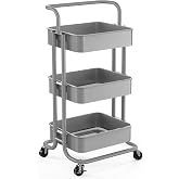 Pipishell Metal 3 Tier Rolling Cart with Handle &amp; 2 Lockable Wheels, Gray | Four Large 2" Wheels for Easy Motion, Sturdy Metal, Hold 22 lbs per Shelf, Ideal for Nursery Room, Living Room, Painting Room