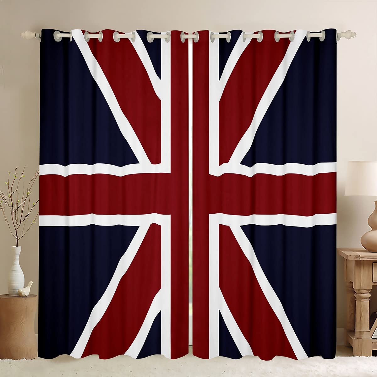 Loussiesd Union Jack Flag Curtains Kids Teens British Flag Window Curtains Red Whit Blue Drapes for Bedroom Living Room,Stripe Window Treatment W52*L63 Inch