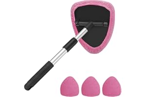 AUKEPO Windshield Cleaning Tool, Car Window Cleaner with Extendable Long Handle and 4 Washable Reusable Microfiber Pads, Auto Interior Exterior Glass Wiper Cleaning Kit Universal for Office and Home (Pink)