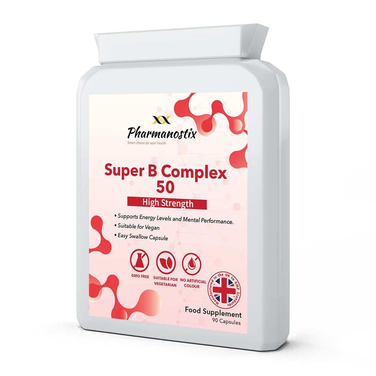 Vitamin B Complex B-50 90 Capsules (V) (not Tablets) High Potency Vegan B-Complex with PABA. Made in The UK- Pharmanostix