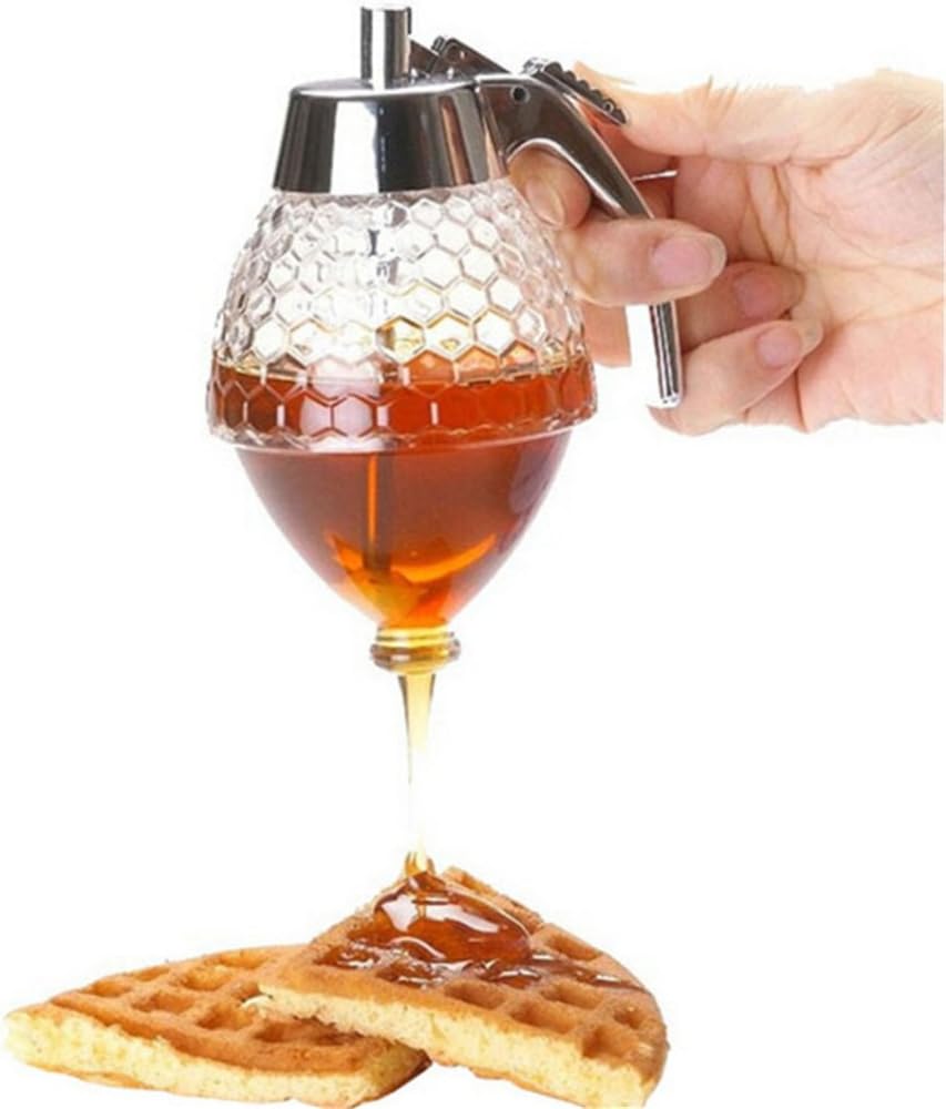 IHRDress Honey Pear/Honey Dispenser with Base Honey Dispenser Syrup Dispenser Acrylic Storage Pot with Storage Stand Capacity 200ml Honeycomb Pattern Glass / Plastic Transparent / Silver