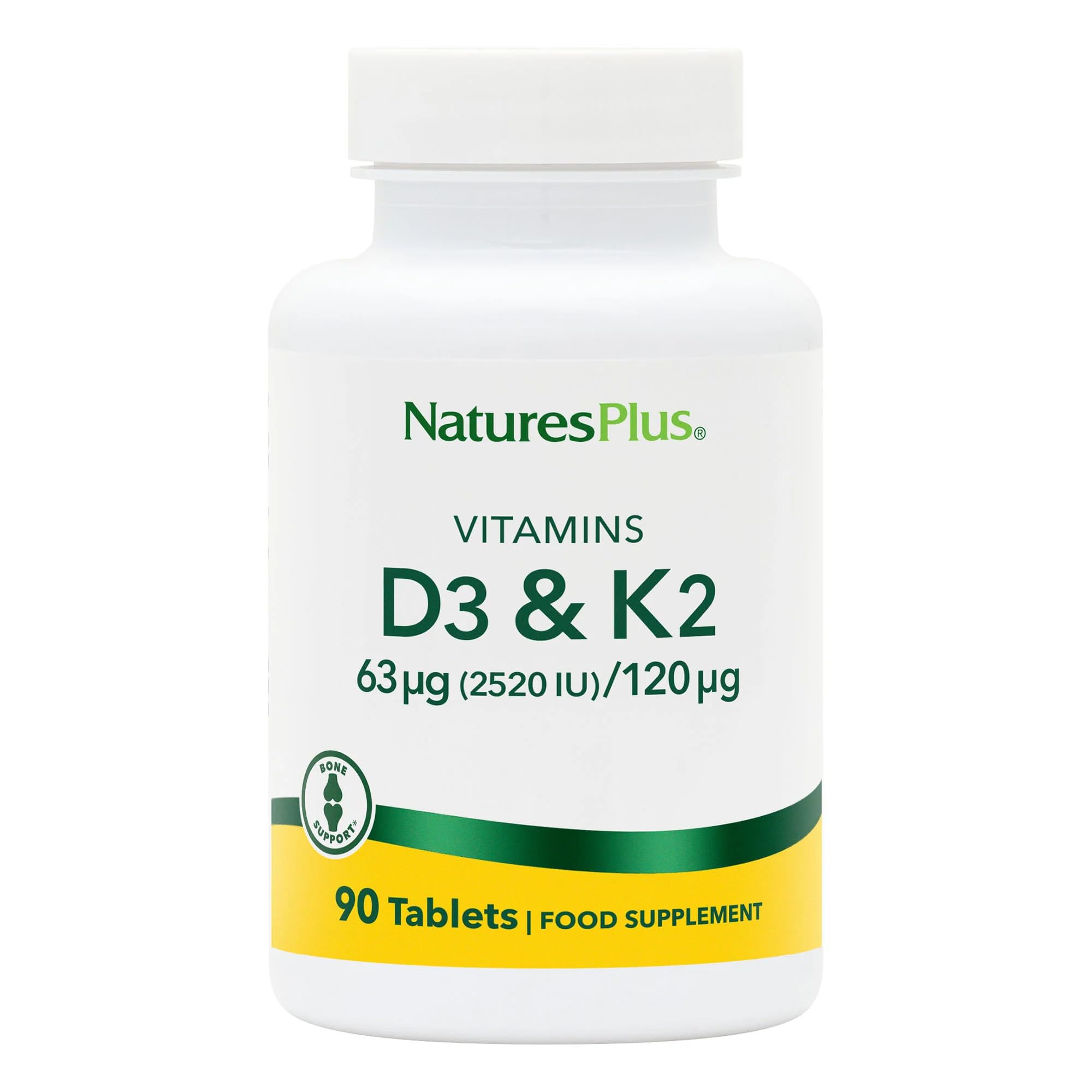 NaturesPlus Vitamin D3 2520IU with Vitamin K2 120mg - High Strength Vitamin D and K2 Supplement, Bone and Immune Support - One a Day, Gluten Free, Vegetarian - 90 Tablets