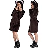 ROC PARTY Animal Hoodie Costume Dress for Women - Plush Fitted Halloween Cosplay Outfit with Hood, Tail & Pockets