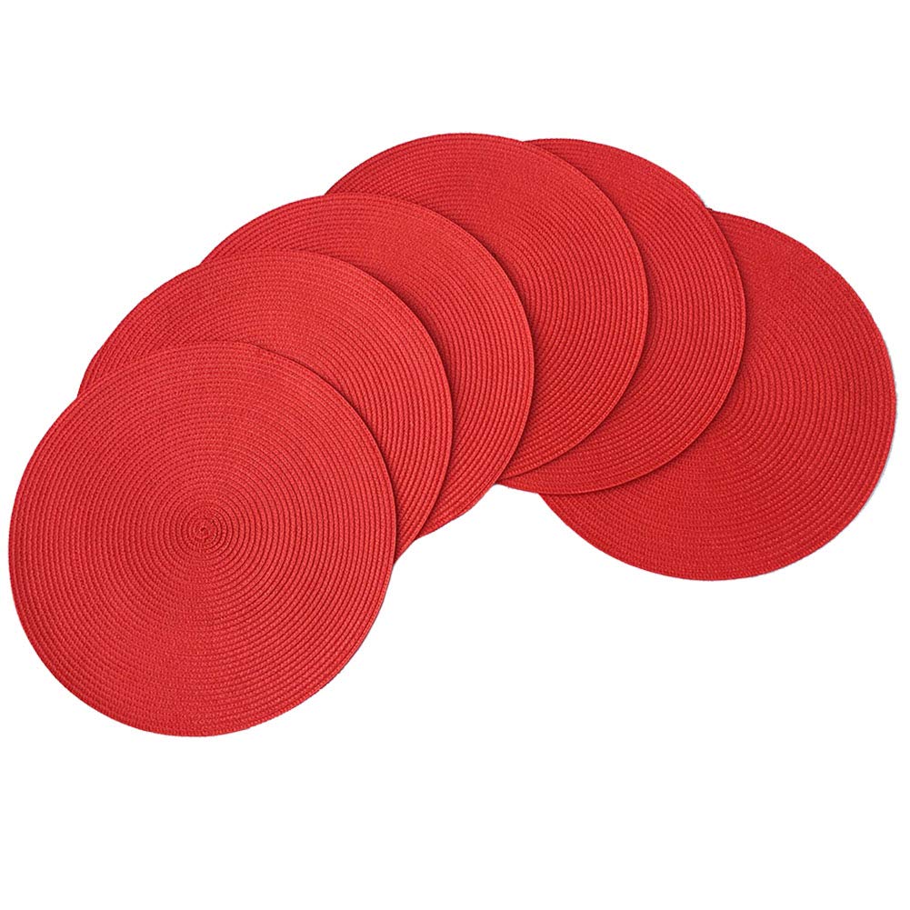 SCF2017 Round Woven Plastic Placemats 38cm Stylish and Practical Dining Table Mats,Set of 6,Red